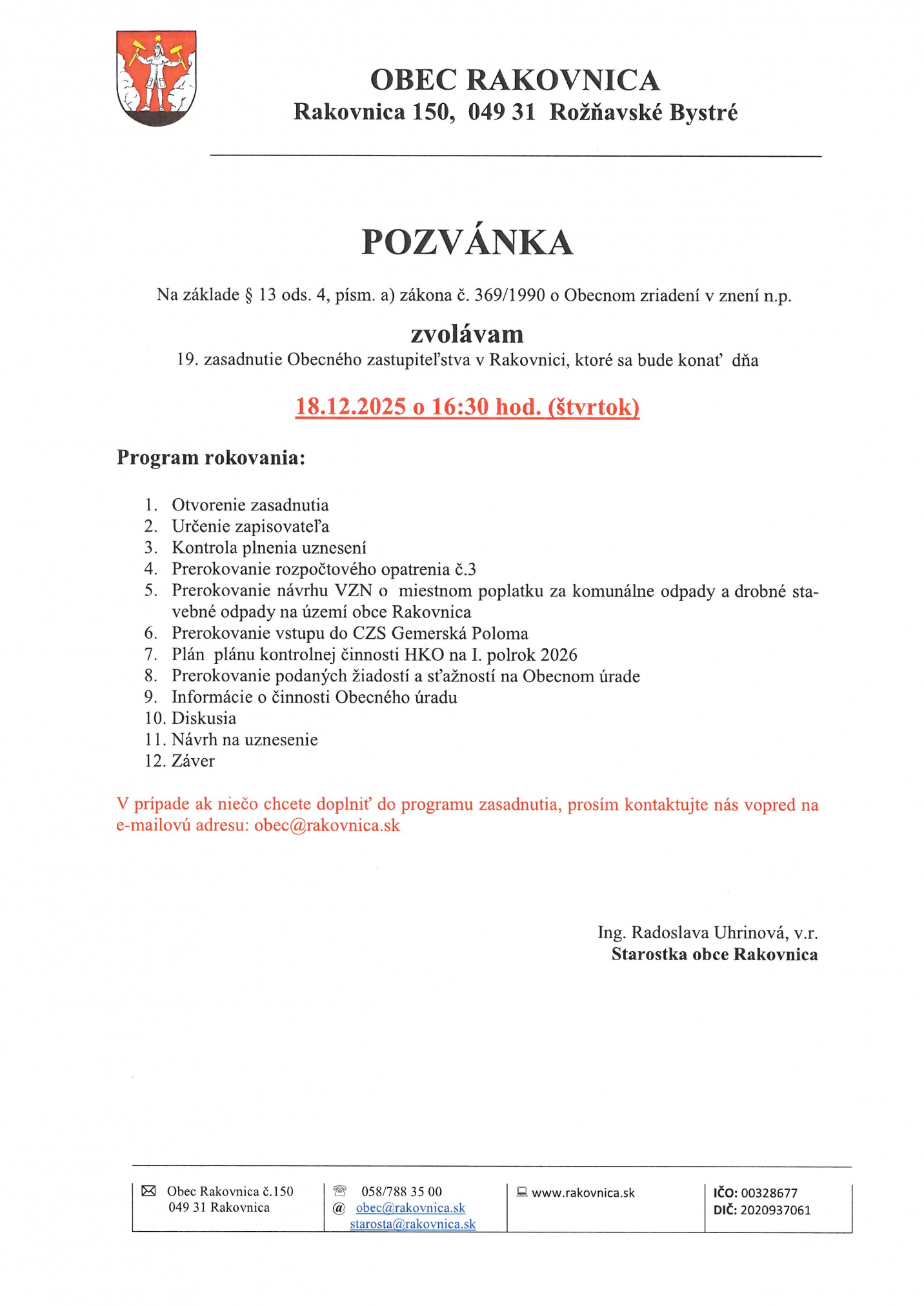Fotka - Pozvánka na 19.zasadnutie OZ dňa 18.12.2025 o 16.30 h.
