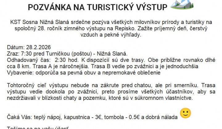 Fotka - Predseda turistického klubu KST Sosna Nižná Slaná pozýva všetkých turistov...