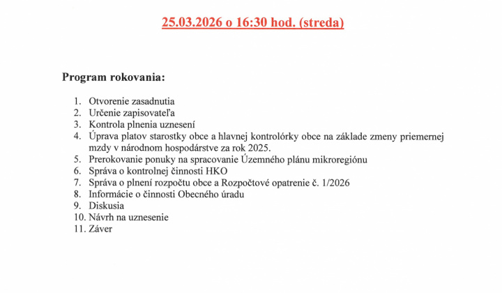 Fotka - Pozvánka na 20.zasadnutie OZ dňa 25.03.2026 o 16.30 h.