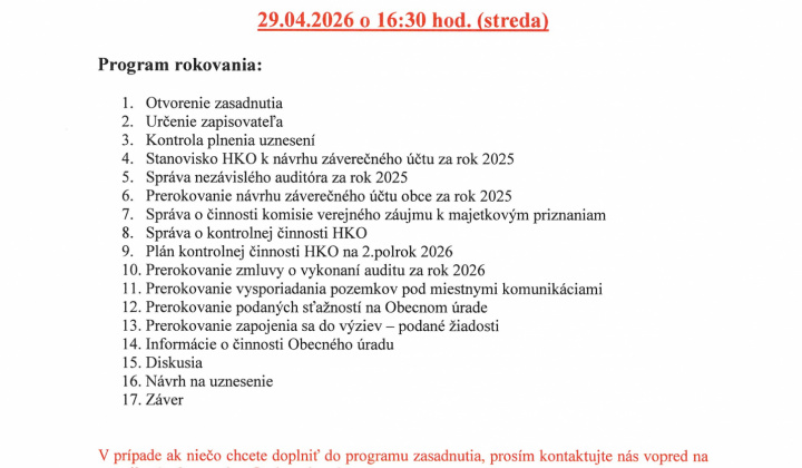 Fotka - Pozvánka na 21.zasadnutie OZ dňa 29.4.2026