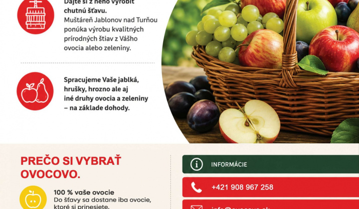 Fotka - Tak, ako každý rok, aj tento ponúkame možnosť využiť naše služby muštovania – spracovanie ovocia pestovateľov a výrobu kvalitných 100% prírodných štiav. Spracujeme jablká, hrušky, hrozno a ďalšie druhy ovocia a zeleniny. Naša prevádzka OVOCOVO sa nachádza 