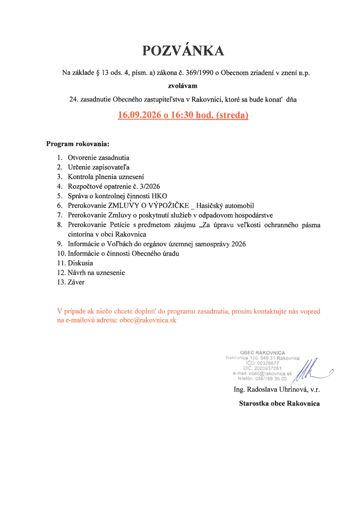 Fotka - Pozvánka na 24.zasadnutie dňa 16.9.2026