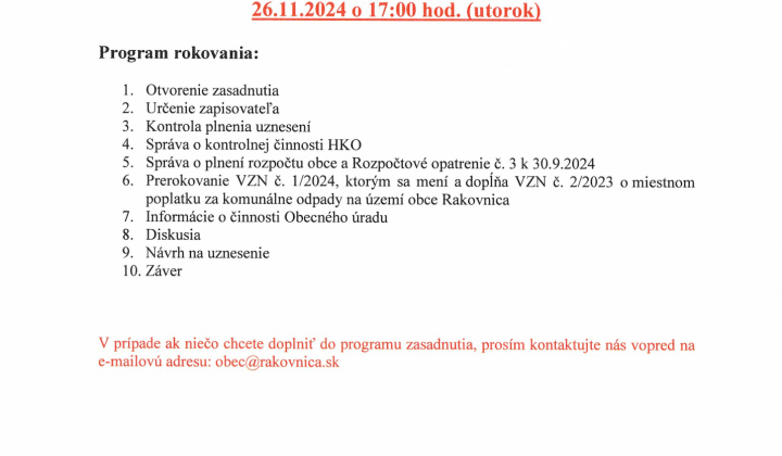 Fotka - Pozvánka na OZ dňa 26.11.2024 – utorok o 17.00 hod.