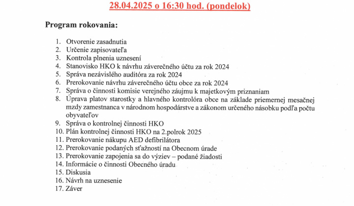 Fotka - Pozvánka na 14.zasadnutie OZ dňa 28.4.2025 o 16:30 h.