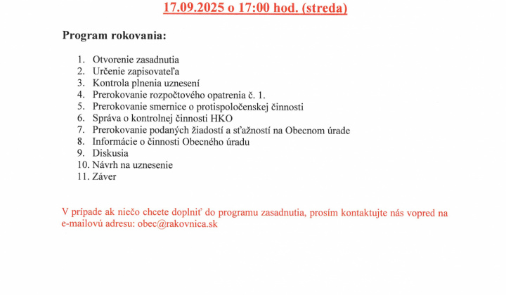 Fotka - Pozvánka na 16. zasadnutia OZ dňa 17.9.2025
